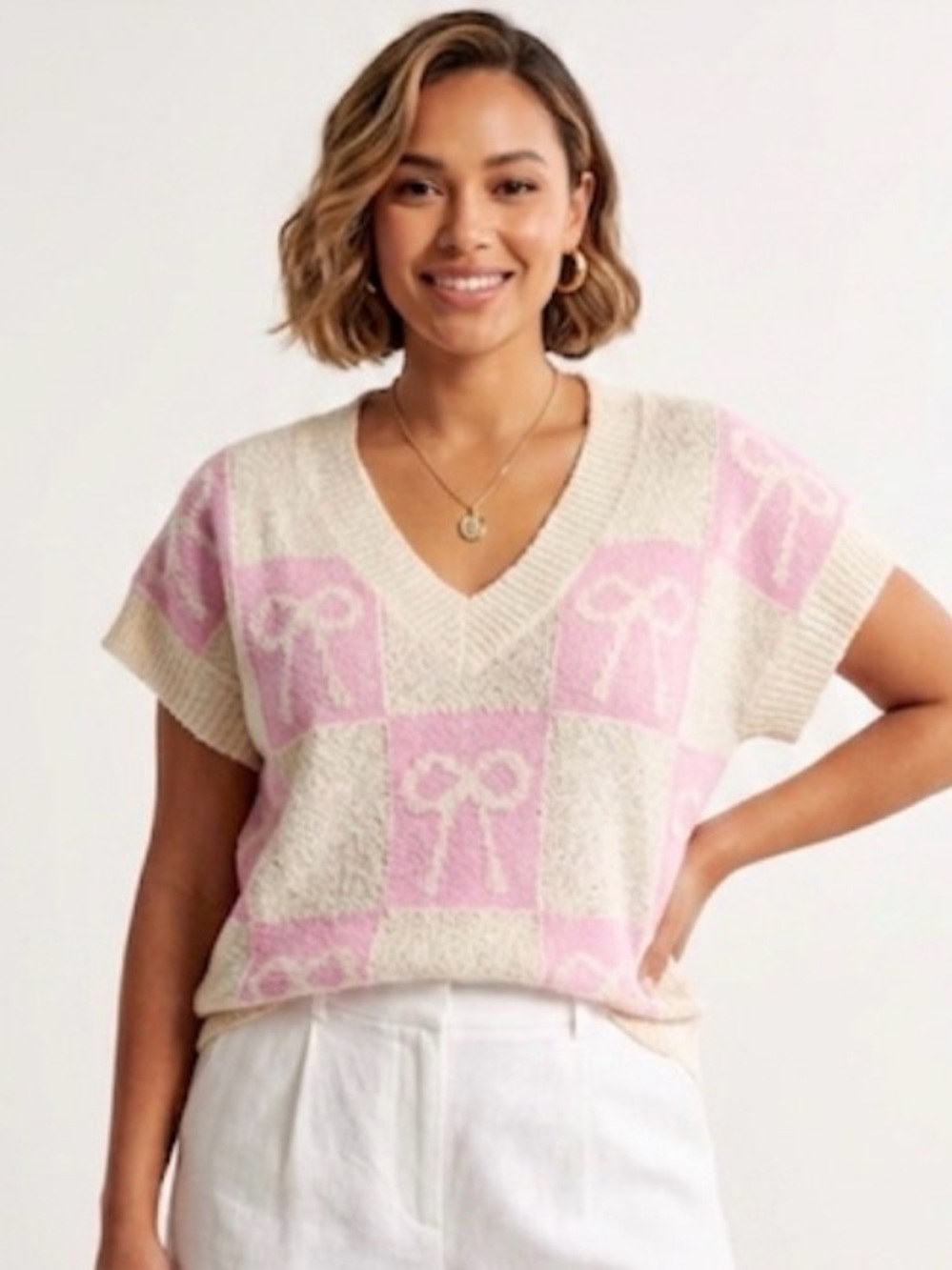 NewIn by Very J NWOT Checkerboard Bow Knit Top